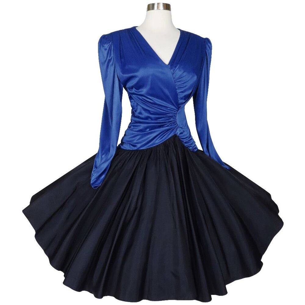 Vintage 80s Blue Slinky Draped Long Sleeve Navy Blue Full Skirt Party Dress S